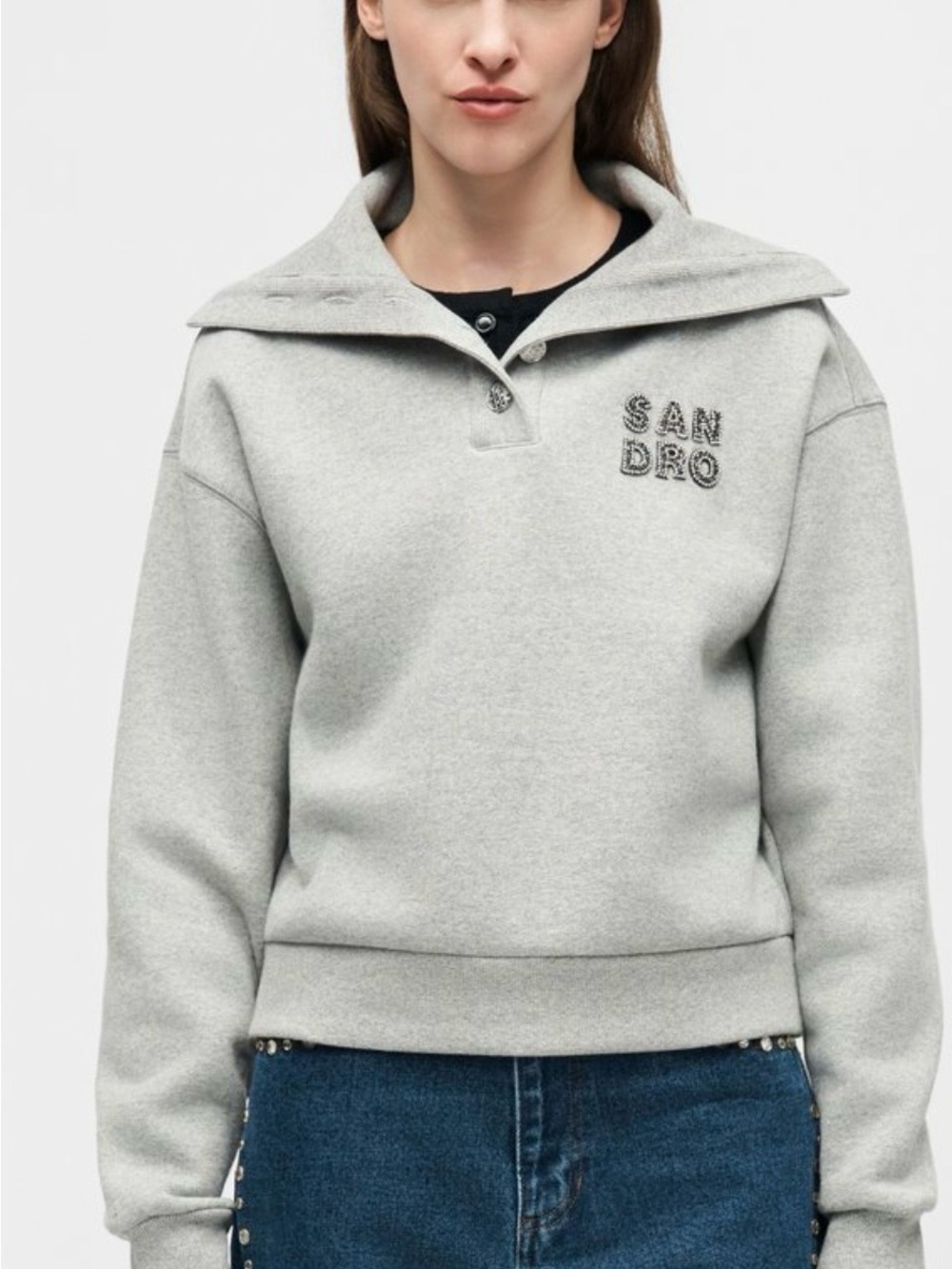 Sandro Women's Light Gray Embroidered Logo Collar Sweatshirt
